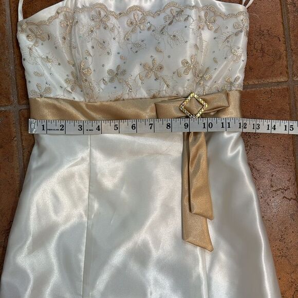 Jessica McClintock Gunne Sax Strapless Embroidered Gold Lace Satin Maxi Dress 1 - Picture 11 of 12